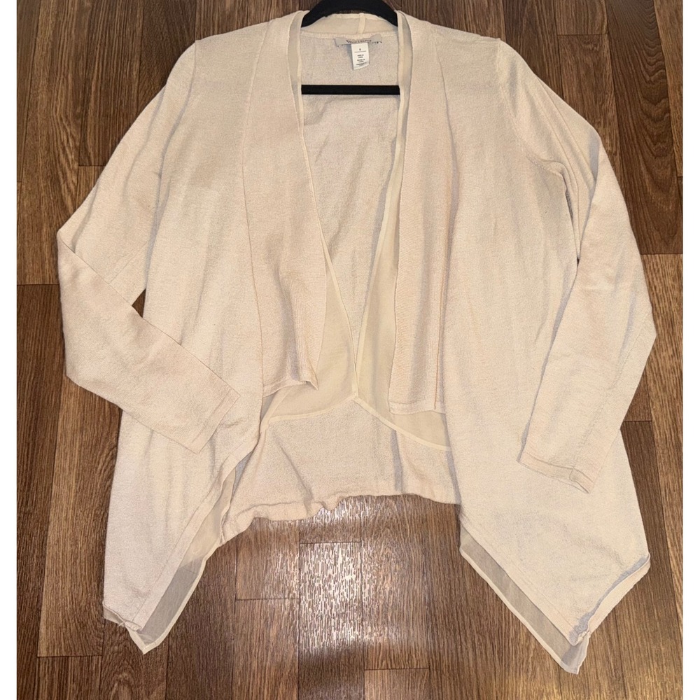 White House Black Market Beige Waterfall Open Front Cardigan Sheer Trim‎ Small